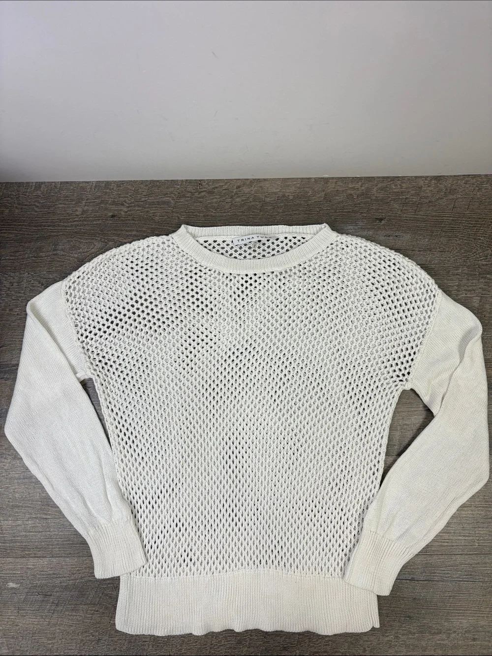 Trina Turk White Open Knit Crochet Sweater Pullover Size XL